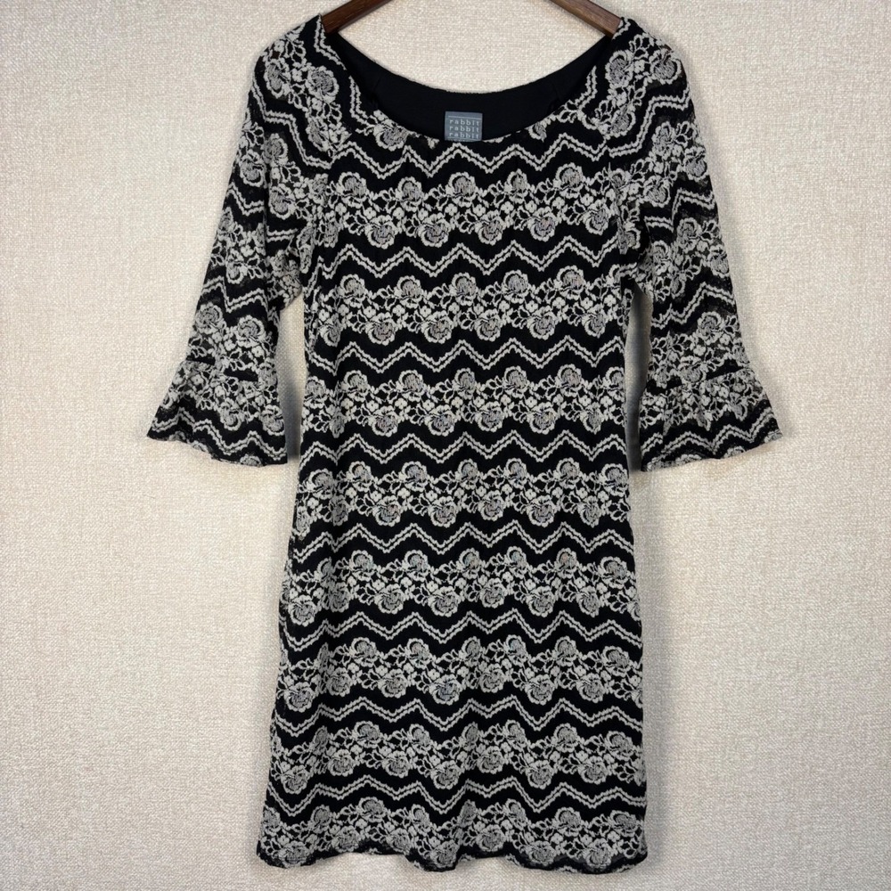 Rabbit Rabbit Rabbit Dress Size 12 Black White Lace Bell Sleeve Sheath Dress